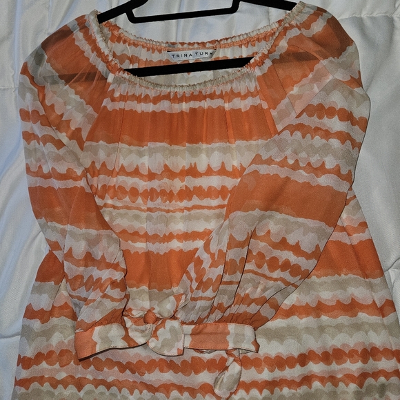 Trina Turk cream and orange stripe tie sleeve silk shirt medium (O) - Picture 5 of 5